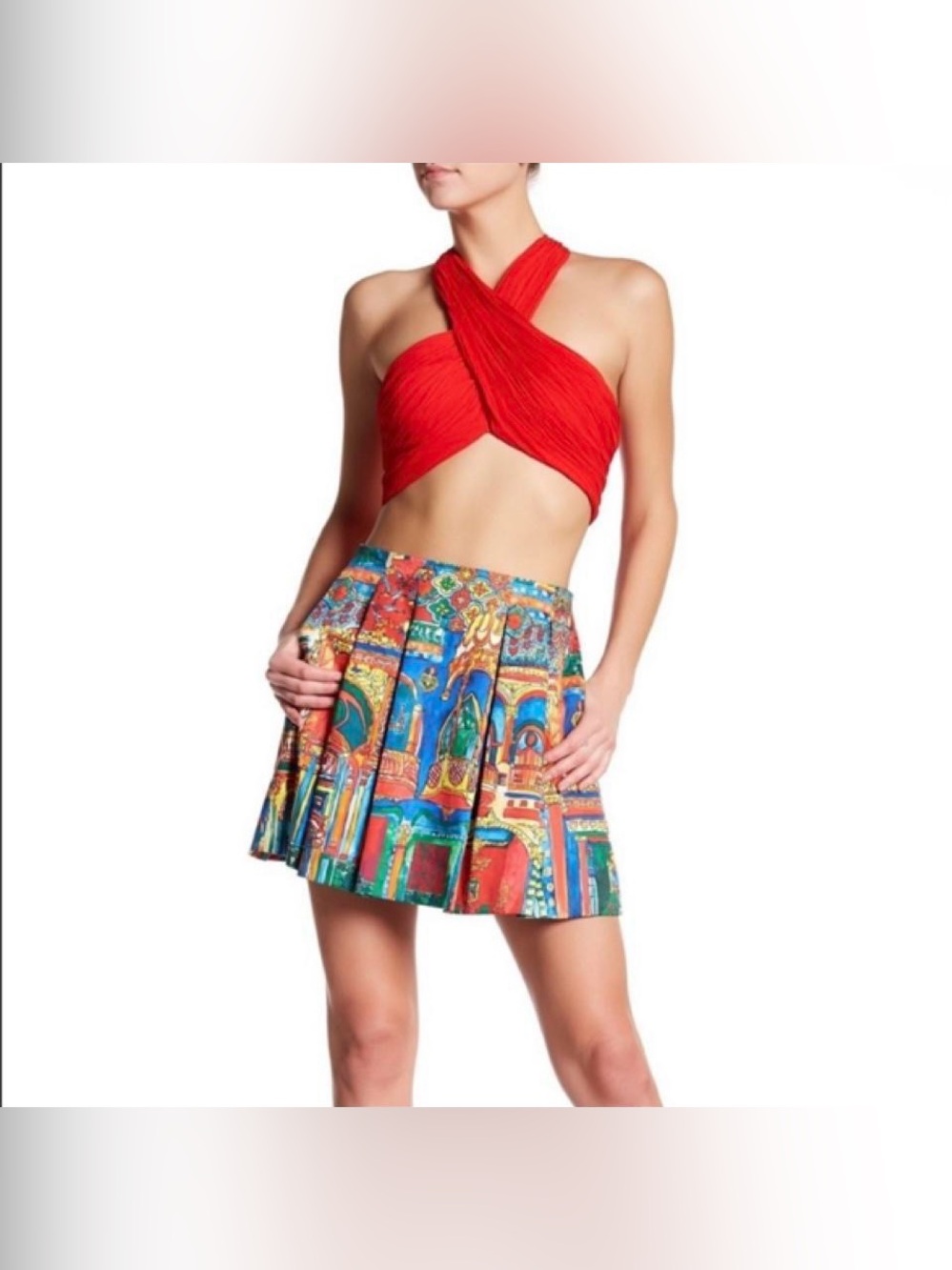 Alice & Olivia Pleated Colorful Architectural All Over Print Mini Skirt NWT Sz 2